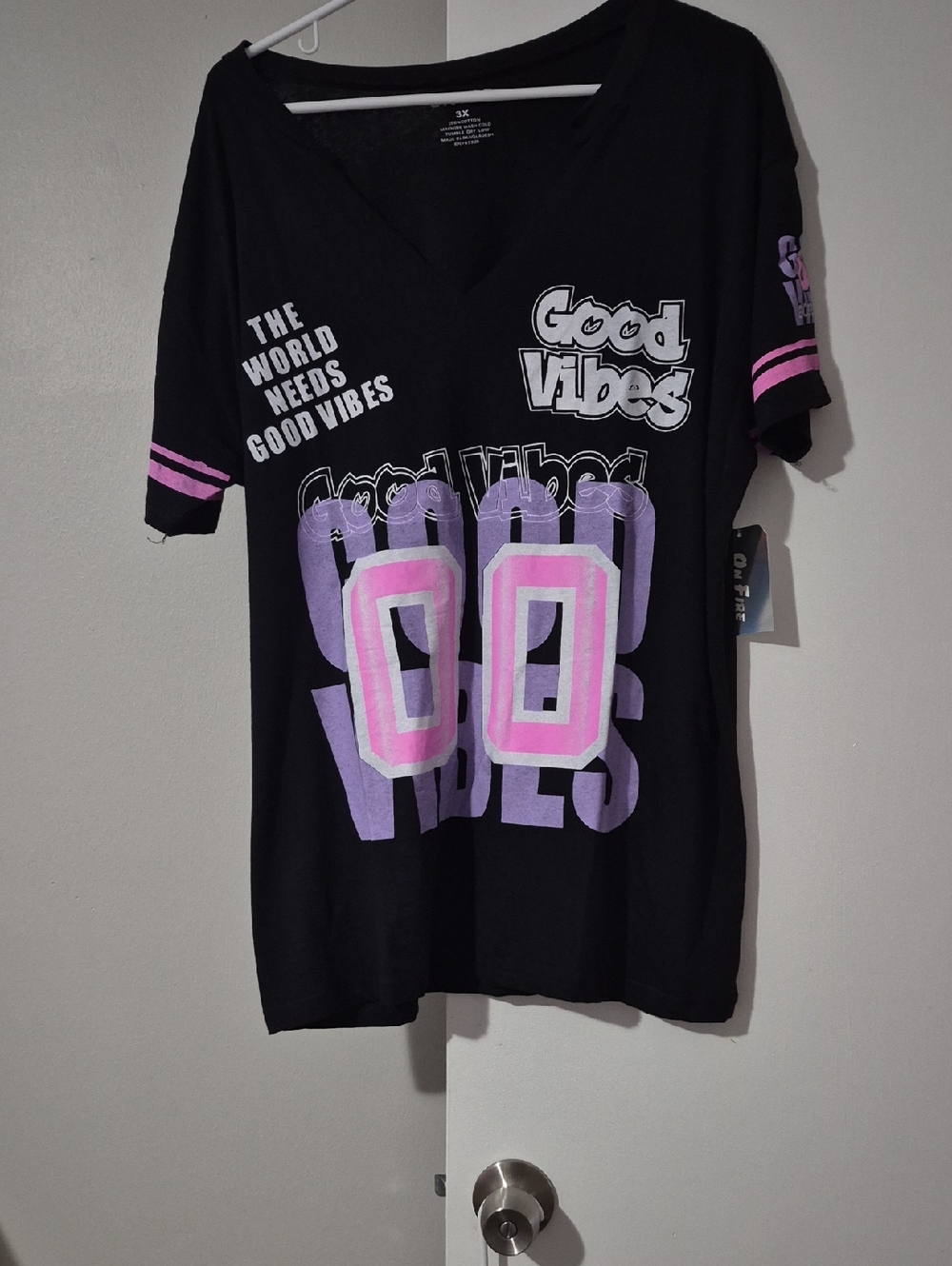 Chaps Black Tee with Pink & Lavender Good Vibes Graphics